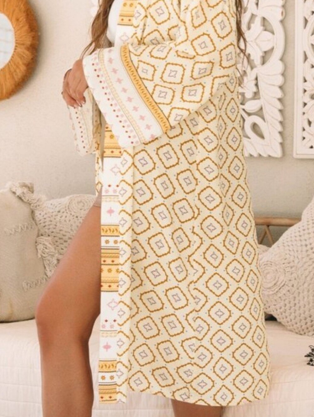 EUC Sunset & Shores Med Yellow And Cream  Bohemian Geometric Long Sleeve Duster